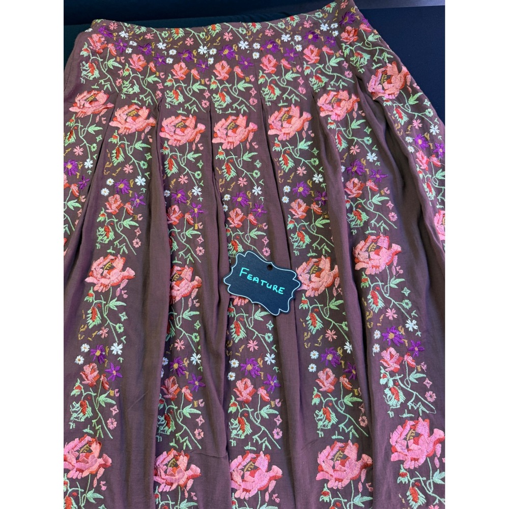 Femme Brown Floral Embroidered Cotton Midi Skirt Size 4 NWT Boho Cottagecore 80s